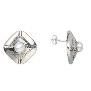 Earring, sterling silver and cultured freshwater pearl, 6mm square, 17mm. Sold per pair.