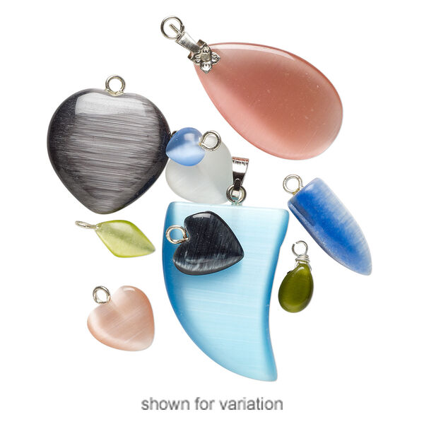 Pendant and drop mix, cat's eye glass (fiber optic glass) and silver-finished steel, mixed colors, 10x8mm-38x25mm mixed shape. Sold per pkg of 10. image number 2