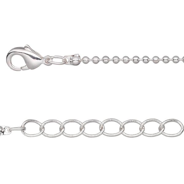 Chain, silver-plated brass, 1.5mm ball, 24 inches with 1-inch extender chain and lobster claw clasp. Sold per pkg of 2. image number 0