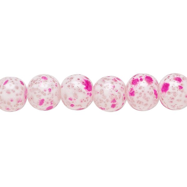 Bead, glass, opaque dark pink and white, 7-8mm round with random spotted pattern. Sold per 15-1/2" to 16" strand. image number 0