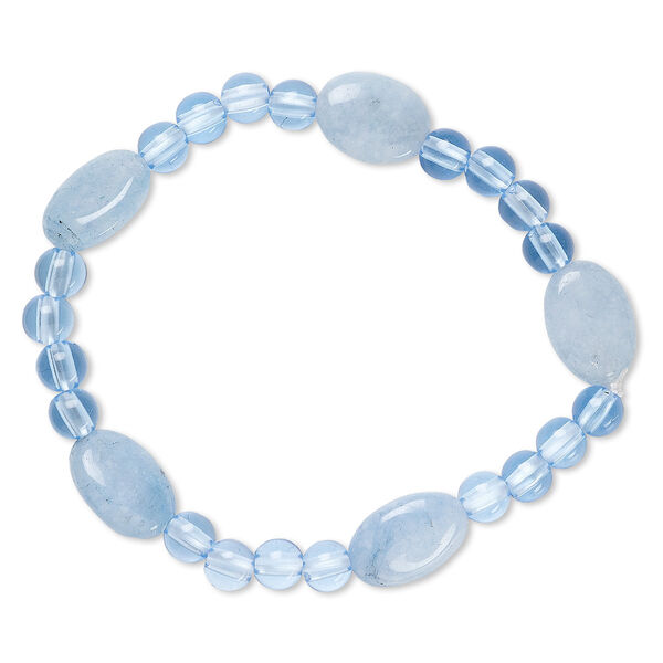 Bracelet, stretch, quartz (dyed) and acrylic, blue, 5mm round and 13x10mm-14x11mm flat oval, 6-1/2 inches. Sold individually. image number 0
