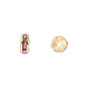 Bead, glass rhinestone and gold-finished brass, rose, 8x4mm rondelle. Sold per pkg of 10.