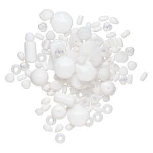Bead mix, Czech pressed glass, iridescent translucent and opaque white, 4-35x8mm mixed shapes. Sold per 4-ounce pkg, approximately 455 beads.