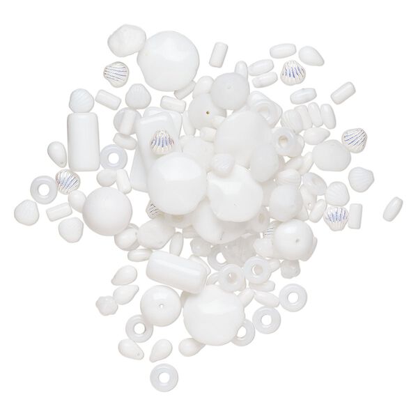 Bead mix, Czech pressed glass, iridescent translucent and opaque white, 4-35x8mm mixed shapes. Sold per 4-ounce pkg, approximately 455 beads. image number 0