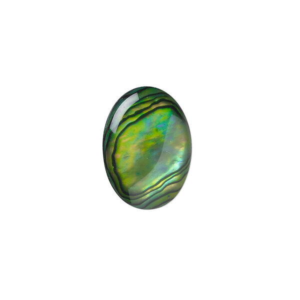 Cabochon, paua shell (coated / dyed), green, 18x13mm calibrated oval, Mohs hardness 3-1/2. Sold per pkg of 4. image number 0