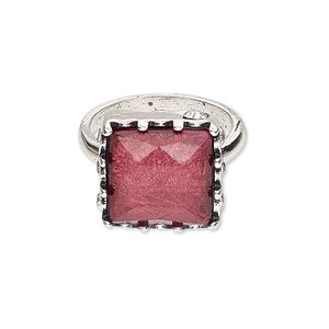 Ring, resin / glass rhinestone / silver-plated "pewter" (zinc-based alloy), purple and clear, 20x20mm square, size 9. Sold individually.