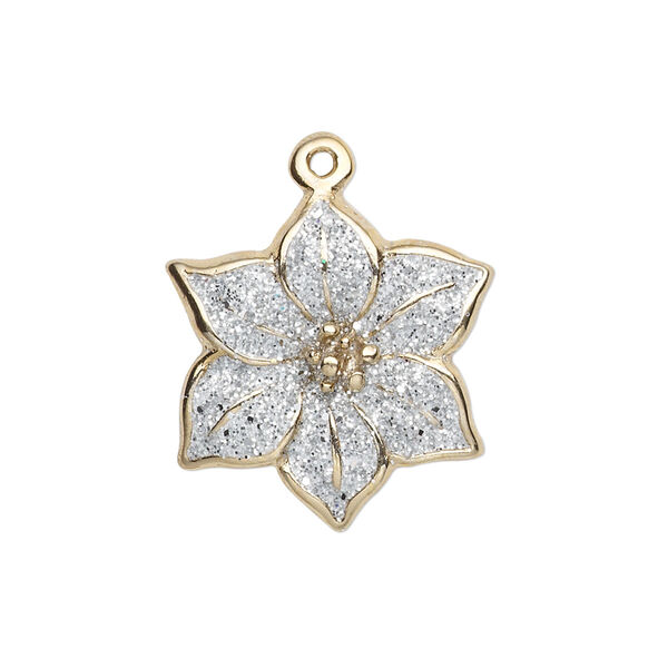 Charm, gold-finished "pewter" (zinc-based alloy) and enamel, white with silver-colored glitter, 22mm single-sided poinsettia. Sold per pkg of 2. image number 0