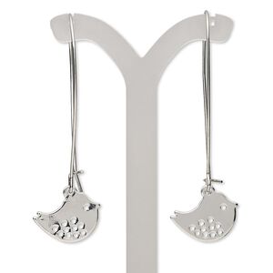 Earring, rhodium-finished brass and steel, 2-1/2 inches with bird and kidney ear wire. Sold per pair.
