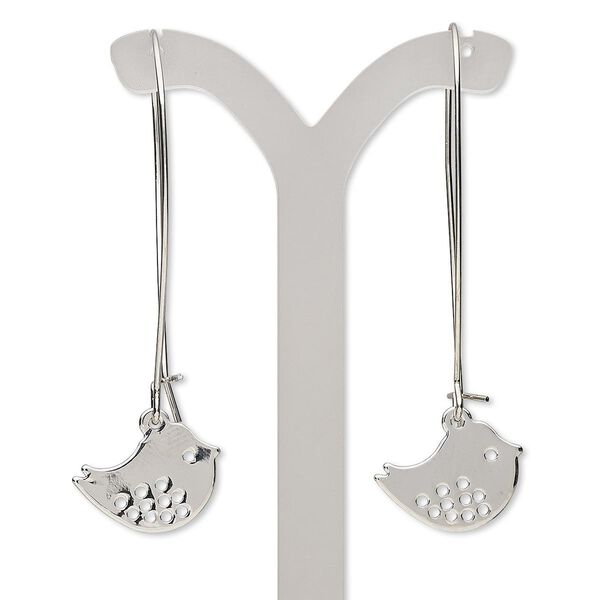 Earring, rhodium-finished brass and steel, 2-1/2 inches with bird and kidney ear wire. Sold per pair. image number 0