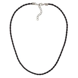Necklace, woven vinyl with imitation rhodium-plated brass and steel, black, 3mm round, 18 inches with 2-inch extender chain and lobster claw clasp. Sold per pkg of 6.