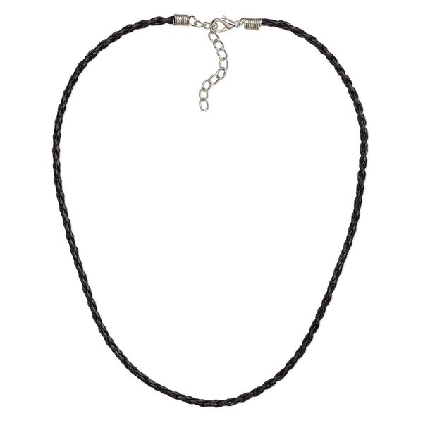 Necklace, woven vinyl with imitation rhodium-plated brass and steel, black, 3mm round, 18 inches with 2-inch extender chain and lobster claw clasp. Sold per pkg of 6. image number 0