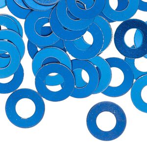 Washer, anodized aluminum, blue, 13mm double-sided flat round blank with 6mm hole, 20 gauge. Sold per pkg of 100.