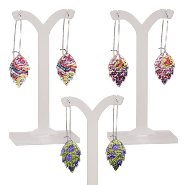 Earring mix, mylar / imitation rhodium-plated steel / "pewter" (zinc-based alloy), multicolored, 2-1/4 inches with leaf and kidney ear wire. Sold per pkg of 3 pairs. image number 0