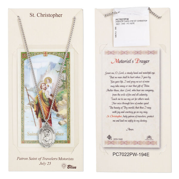 Necklace, stainless steel and Britannia pewter (tin-based alloy), 24x19mm oval with Saint Christopher, 24-inch continuous loop. Sold individually. image number 0