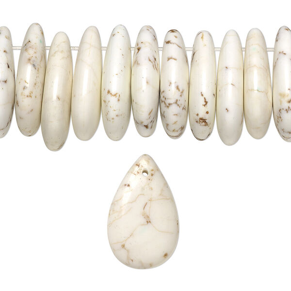 Bead, magnesite (stabilized), white, 25x15mm-29x15mm top-drilled flat teardrop, B grade, Mohs hardness 3-1/2 to 4. Sold per 8-inch strand, approximately 35 beads. image number 0