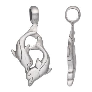Pendant, antiqued pewter (tin-based alloy), 48x24mm single-sided dolphins. Sold individually.