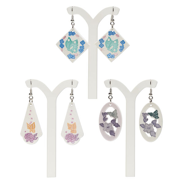 Earring mix, Everyday Jewelry, silver finish steel / glass / porcelain, multicolored, 20mm-50x25mm multi-shape with fishhook ear wire. Sold per pkg of 3 pairs. image number 1