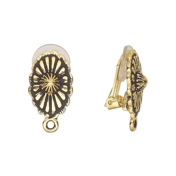 Earring, clip-on, TierraCast&reg;, antique gold-plated pewter (tin-based alloy) and rubber, 17x11mm oval concho with closed loop. Sold per pair. image number 0