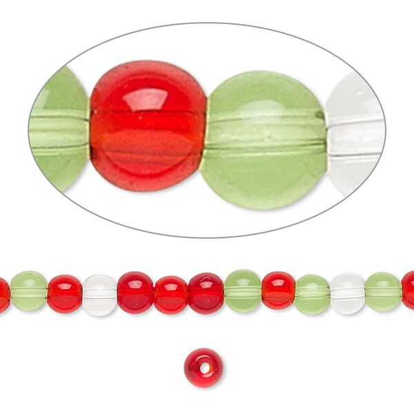 Bead, glass, transparent Christmas tones, 3-4mm round. Sold per 36-inch strand. image number 0