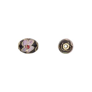 Bead, cloisonné, enamel and gold-finished copper, black / pink / red, 9x7mm oval with flower design. Sold per pkg of 10.