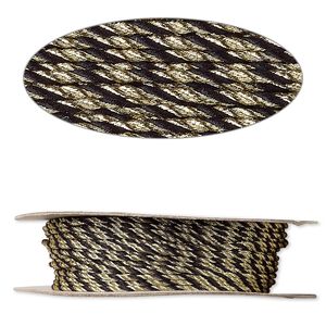 Cord, nylon, black and metallic gold, 2mm round. Sold per 100-foot spool.