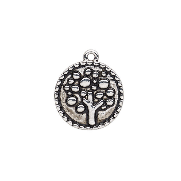 Drop, antique silver-finished "pewter" (zinc-based alloy), 18mm single-sided round with tree design. Sold per pkg of 4. image number 0