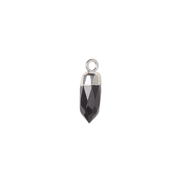 Drop, black onyx (dyed) and silver-plated copper, 12x5mm-14x6mm hand-cut faceted point. Sold individually. image number 0