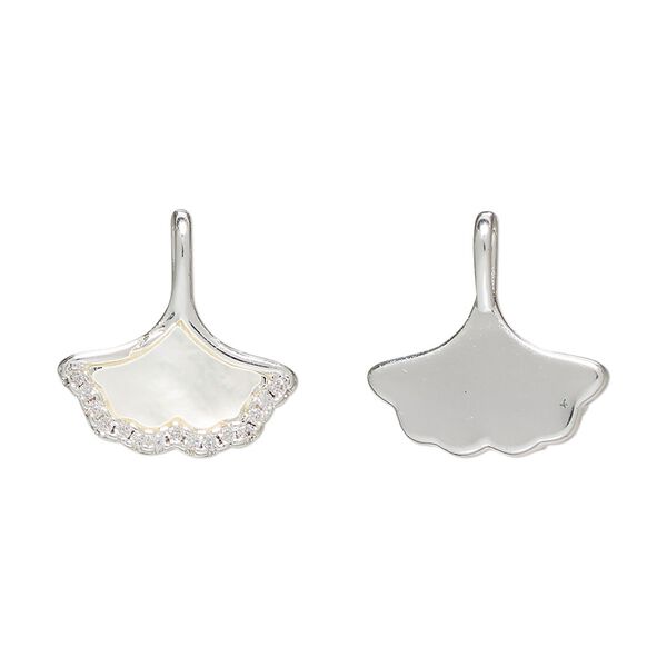 Pendant 1pkg1 silver-finished brass / glass rhinestone / mother-of-pearl shell (bleached), clear / white, 16x9mm ginkgo leaf. image number 0