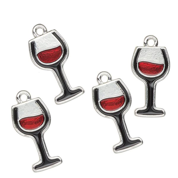Charm, antique silver-finished enamel "pewter" (zinc-based alloy), red and black, 20x11mm wine glass. Sold per pkg of 4. image number 0