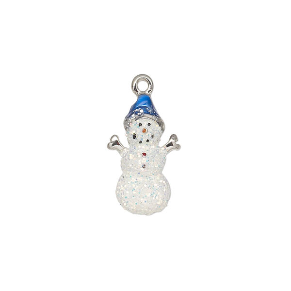 Charm, enamel and silver-plated "pewter" (zinc-based alloy), blue / black / red with white-colored glitter, 18x11mm single-sided snowman. Sold individually. image number 0