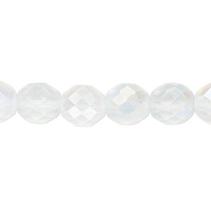 Bead, Czech fire-polished glass, matte opal AB, 10mm faceted round. Sold per 15-1/2" to 16" strand.