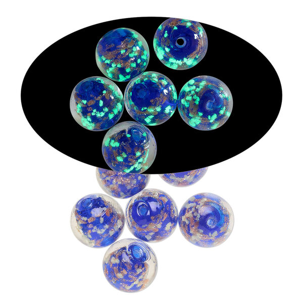Bead, lampworked glass, clear / cobalt blue / glow-in-the-dark / gold, 12mm round. Sold per pkg of 6. image number 0