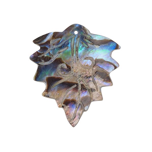 Focal, paua shell (assembled), black, 28x26mm hand-carved leaf, Mohs hardness 3-1/2. Sold individually. image number 0