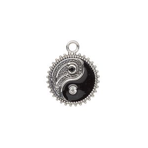 Charm, antiqued sterling silver / cubic zirconia / enamel, black and clear, 16mm single-sided flat round with yin-yang and paisley designs. Sold individually.