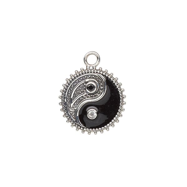 Charm, antiqued sterling silver / cubic zirconia / enamel, black and clear, 16mm single-sided flat round with yin-yang and paisley designs. Sold individually. image number 0