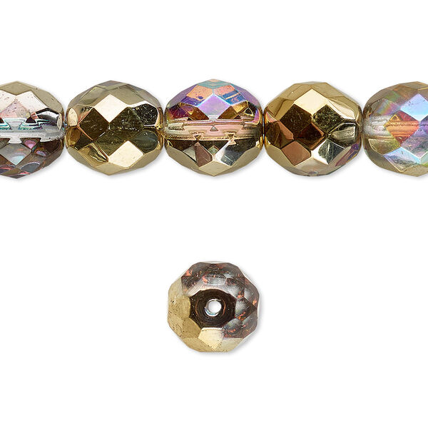 Bead, Czech fire-polished glass, two-tone clear AB and metallic amber gold, 10mm faceted round. Sold per 15-1/2" to 16" strand. image number 0