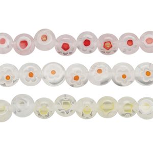 Bead mix, millefiori glass, translucent clear and multicolored, 6-7mm puffed flat round with flower design. Sold per pkg of (3) 14-inch strands, approximately 185 beads.