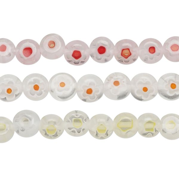 Bead mix, millefiori glass, translucent clear and multicolored, 6-7mm puffed flat round with flower design. Sold per pkg of (3) 14-inch strands, approximately 185 beads. image number 0