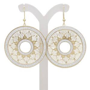 Earring, gold-finished brass, silver with glitter, 2 inches with filigree round and fishhook ear wire. Sold per pair.