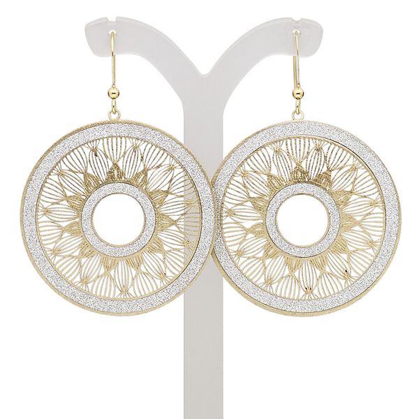 Earring, gold-finished brass, silver with glitter, 2 inches with filigree round and fishhook ear wire. Sold per pair. image number 0