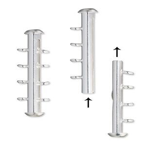 Clasp slide lock 1pkg4 silver-plated, 26x6mm round tube, brass 4-strand