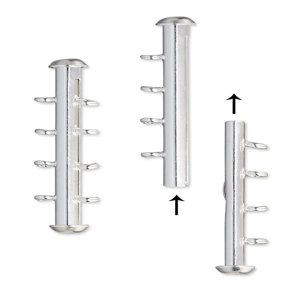 Clasp, 4-strand slide lock, silver-plated brass, 26x6mm round tube. Sold per pkg of 4. image number 0