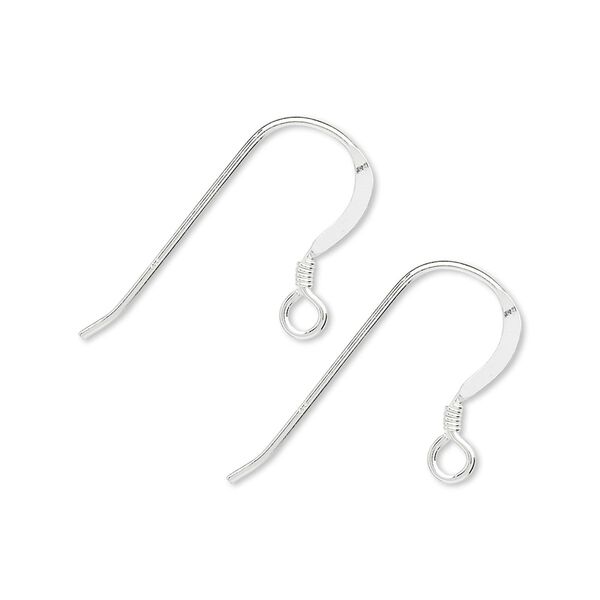 Ear wire, sterling silver, 16mm flat fishhook with 2mm coil and open loop, 20 gauge. Sold per pkg of 25 pairs. image number 0