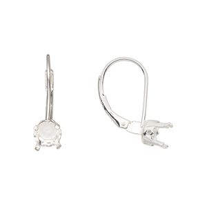Ear wire leverback 1pkg2 sterling silver, 18mm / 6mm round 4-prong setting, 1 pair