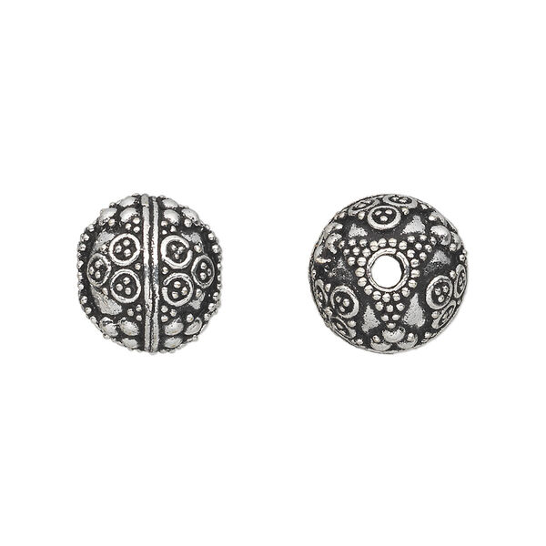 Bead, antique silver-plated white brass, 12mm round with dot and circle accents. Sold per pkg of 2. image number 0