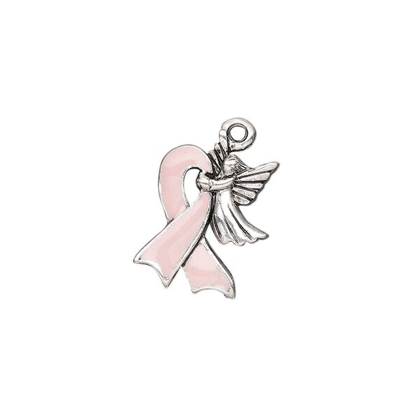 Charm, enamel and antique silver-plated pewter (tin-based alloy), pink, 18x14mm single-sided awareness ribbon with angel. Sold individually. image number 0