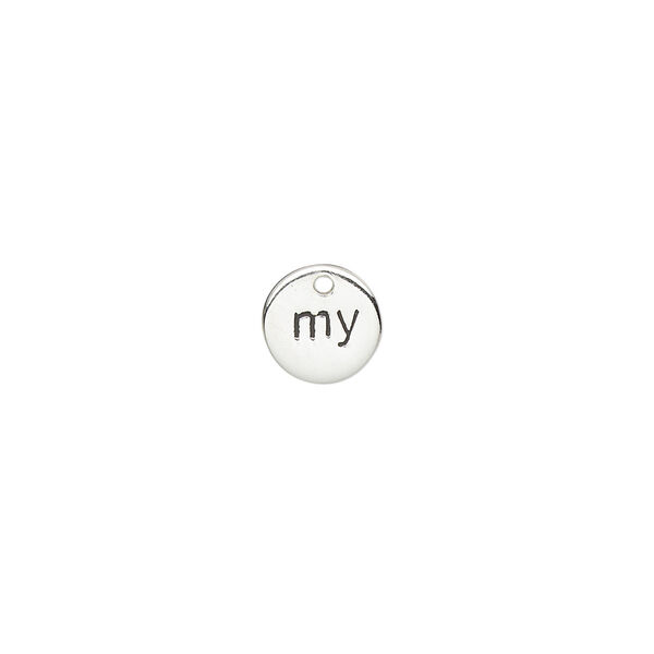 Drop, sterling silver and enamel, black, 8mm single-sided round with "my." Sold individually. image number 0