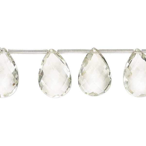 Bead, green quartz (heated), 13x9mm-15x10mm hand-cut top-drilled faceted puffed teardrop with 0.4-1.4mm hole, B grade, Mohs hardness 7. Sold per pkg of 15. image number 0