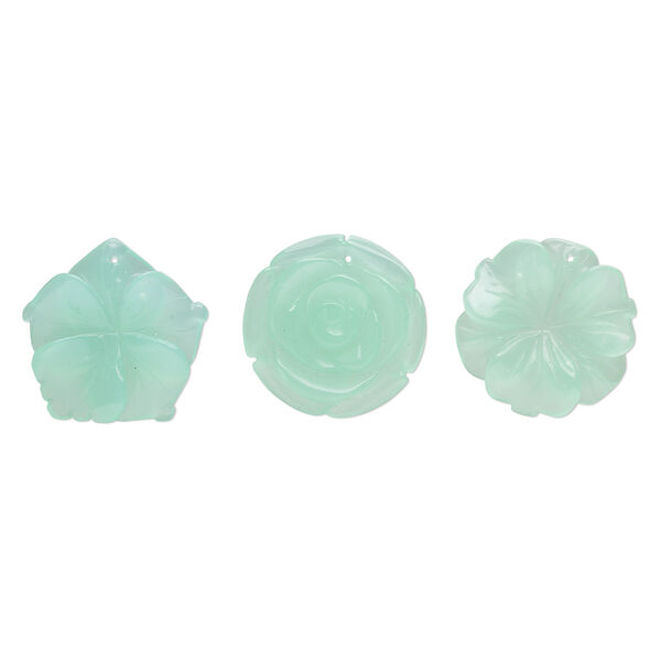 Focal mix, glass, translucent mint green, 40x34mm-40x40mm top-drilled carved flower. Sold per pkg of 3. image number 0