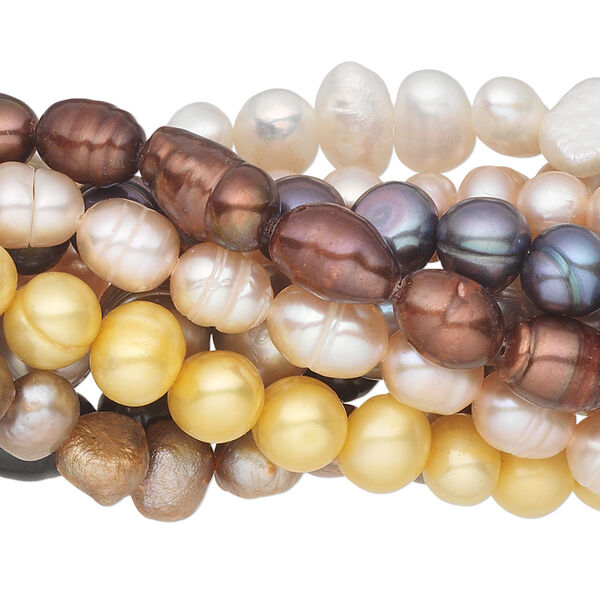 Pearl mix, cultured freshwater (dyed / bleached), mixed colors, 5mm-11x7mm mixed shape, D grade, Mohs hardness 2-1/2 to 4. Sold per pkg of (10) 15" to 16" strands. image number 0
